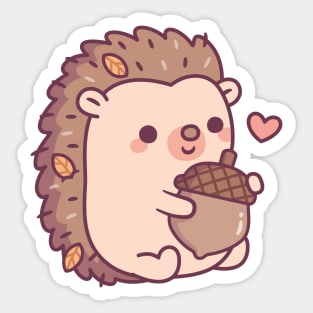 Cute Little Hedgehog With Autumn Leaves And Acorn Sticker